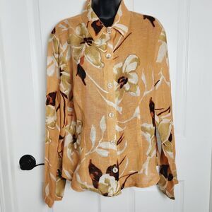 Vintage Emil Rutenberg Top Womans Large Orange Floral Linen Fitted Career Office